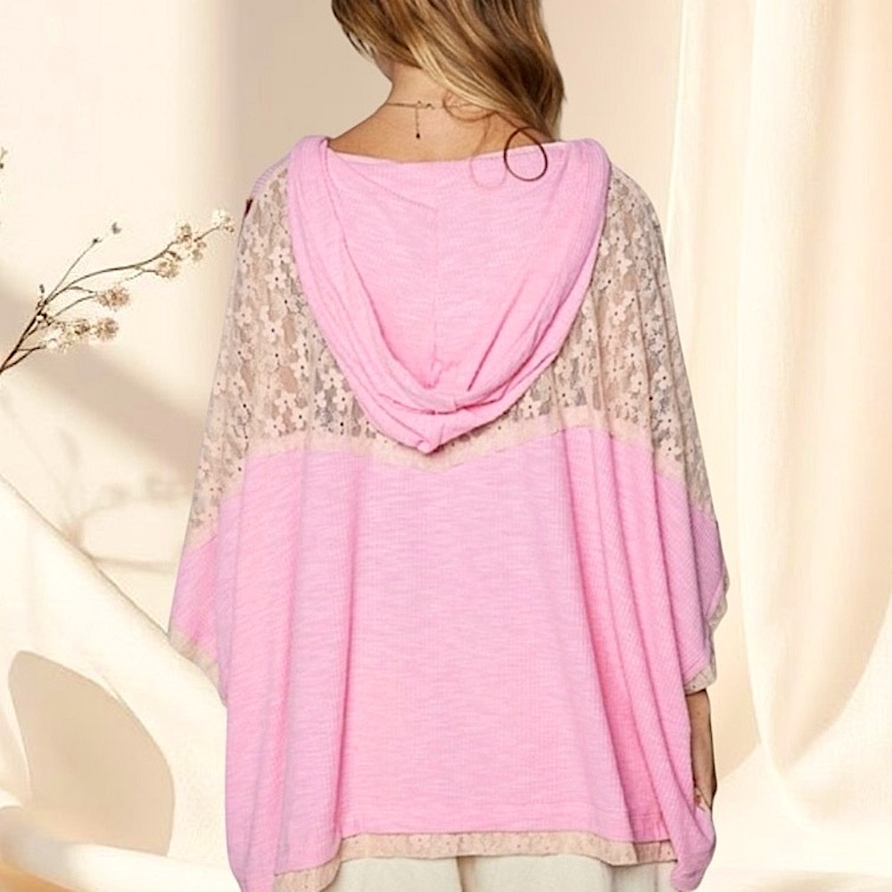 POL Blush Pink Peace Sign Hoodie | Oversized Lace Patchwork Bohemian Top - Picture 5 of 8